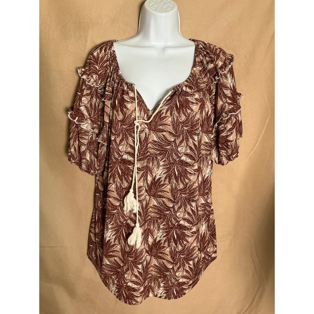CURE. Peasant Blouse Womens 1XL Brown Excellent Palm Print Tassel Ruffle Boho